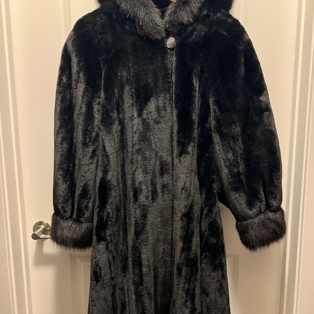 Elegant Black Faux Fur Coat with Hood- Mint Condition